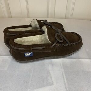 Vineyard Vines Peaks‎ Plaid Moccasin Suede Shearling Slippers Brown Boys Size 1